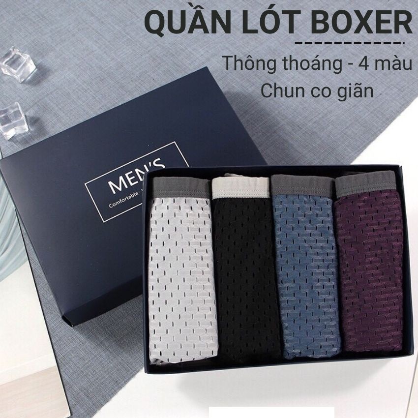 Quần lót nam thông hơi thoáng mát dạng lưới, quần boxer kháng khuẩn co dãn 4 chiều chất vải cotton Hộp 4 cái Angola