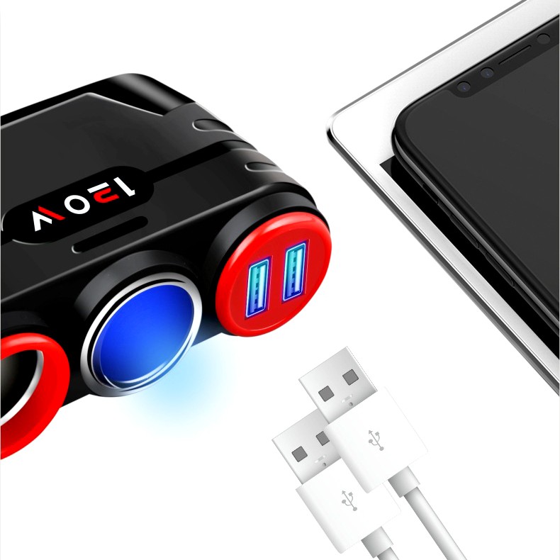 Tẩu sạc ô tô chia nguồn 2 tẩu tròn và 2 cổng USB