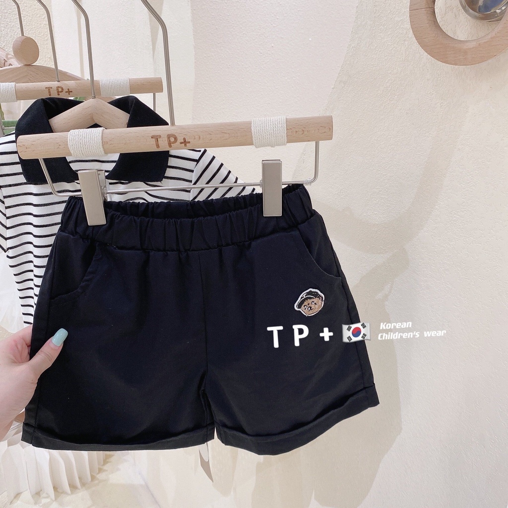 Set Áo Thun polo Ngắn Tay Và Quần Short Kẻ Sọc Thêu Hình Gấu Phong Cách Nhật Bản Thời Trang Mùa Hè Dành Cho Bé Trai Gái