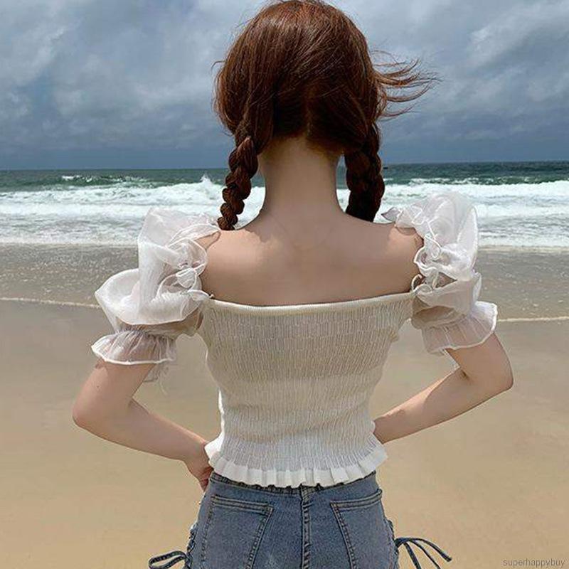 Áo Croptop Dệt Kim Tay Ngắn Cổ Vuông Phong Cách Hàn Quốc