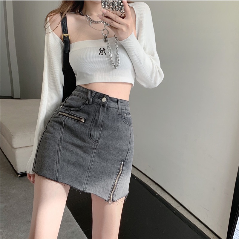 Chân Váy Denim Chữ A Lưng Cao Có Khóa Kéo Thời Trang Mùa Hè Phong Cách Trung Hoa