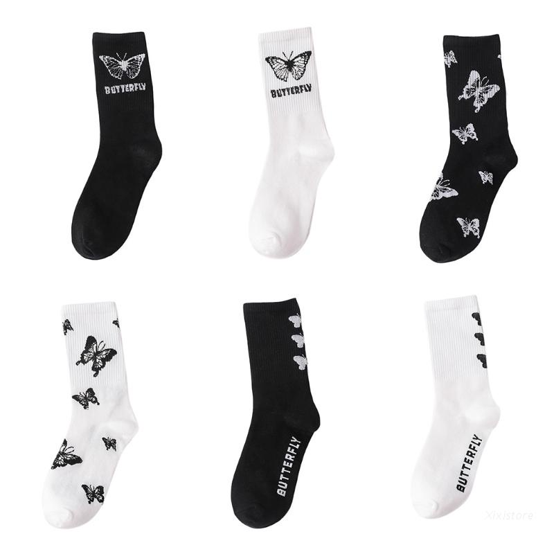 Vớ cotton ống vừa in hình bướm màu đen trắng phong cách Nhật Bản Harajuku Hip Hop thời trang đường phố cho nữ