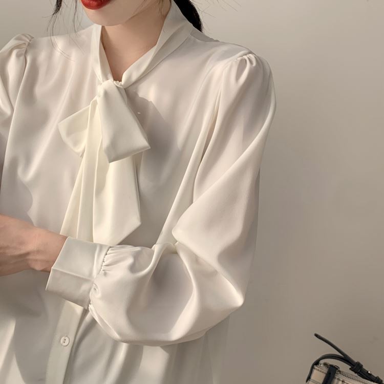 Áo sơ mi voan trắng nữ dài tay 2021 đầu xuân phong cách mới nơ chuyên nghiệp khí chất buộc vạt