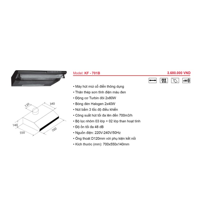 Máy hút mùi KAFF KF-701B - Cổ điển, màu đen, 550mm x 140mm x 700mm