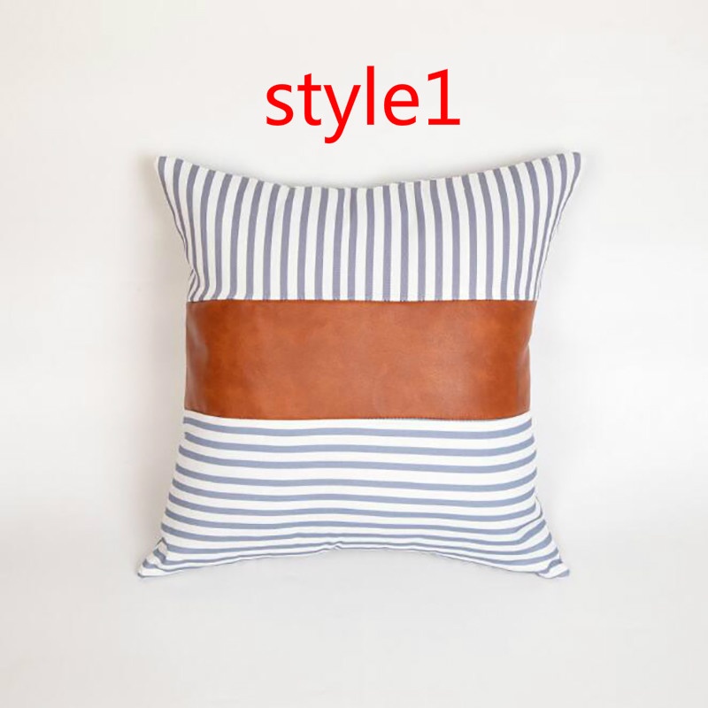 Leather Canvas Stripe Stitching Pillowcase