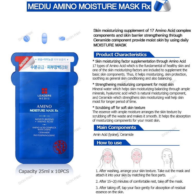 Bộ 10 mặt nạ dưỡng ẩm da LEADERS Mediu Amino Mask Rx 25ml