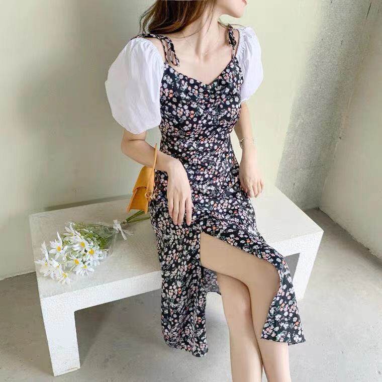 Đầm IELGY dáng dài qua đầu gối tay ngắn phối hai dây in họa tiết hoa phong cách Pháp thời trang dành cho nữ