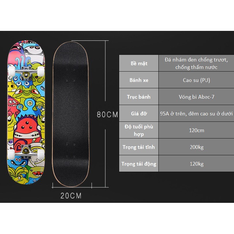 Ván trượt Skateboard gỗ nhám 7 lớp in hình, phát sáng 4 bánh ( Bảo hành 1 đổi 1 trong 7 ngày )