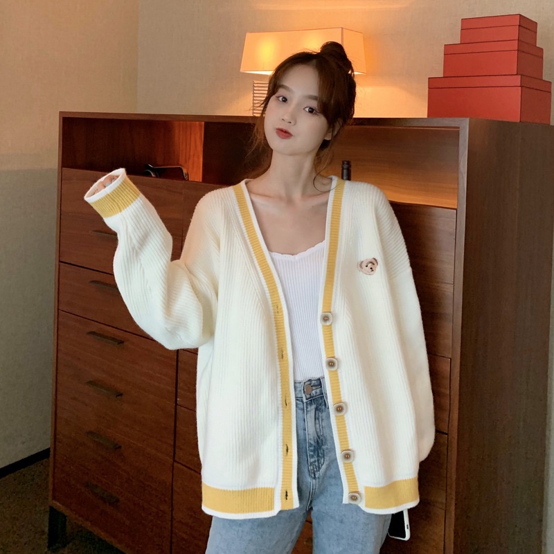 Áo khoác cardigan NZN cổ chữ V thêu họa tiết gấu hoạt hình thời trang Hàn Quốc dành cho nữ