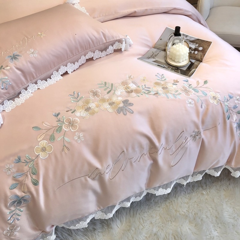 Bộ Chăn Ga Gối Lụa Silk 60s Thêu Hoàng Gia cao cấp set 4 món TIÊU CHUẨN