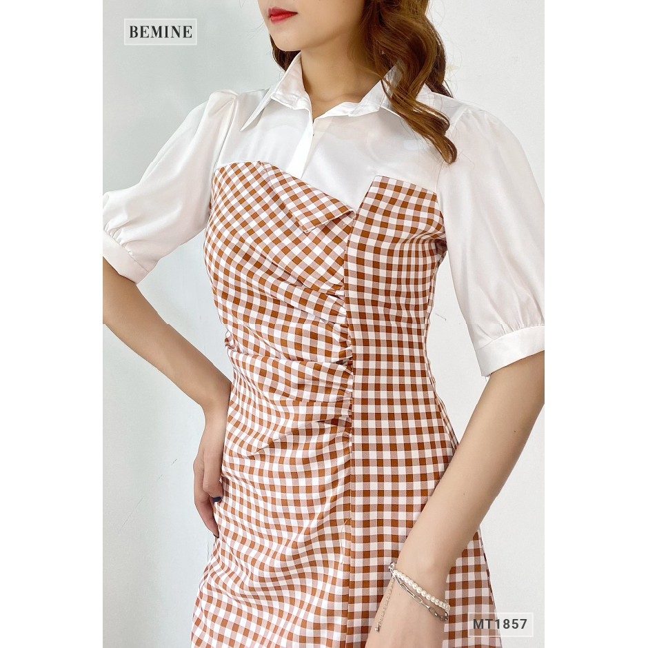 Đầm caro cúp ngực phối cổ sơ mi BEMINE MT1857VANG | BigBuy360 - bigbuy360.vn