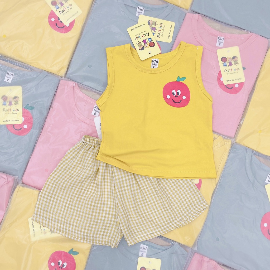 Bộ Ba Lỗ Bé Trai, Bé Gái Vải Thun Cotton In Hình Quả Phối Quần Kẻ Caro , Đồ Bộ 3 Lỗ Cho Bé Mặc Hè - AN.KID
