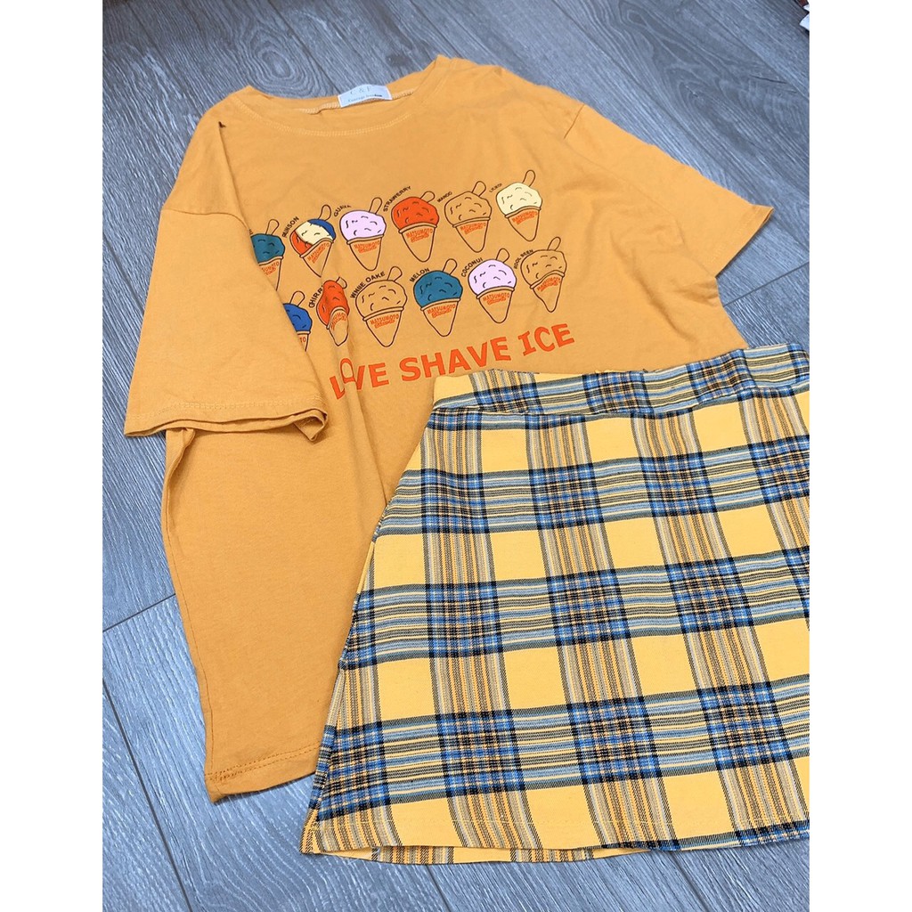 Set Vàng Dễ Thương Chân Váy Mix Áo Thun Kem [ẢNH THẬT CUỐI] - SE090
