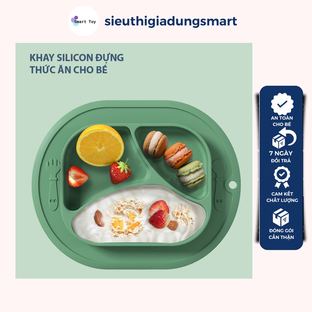 Khay Ăn Dặm Silicon Cao Cấp Cho Bé,Đế Hút Chân Không Chống Lật Chống Đổ