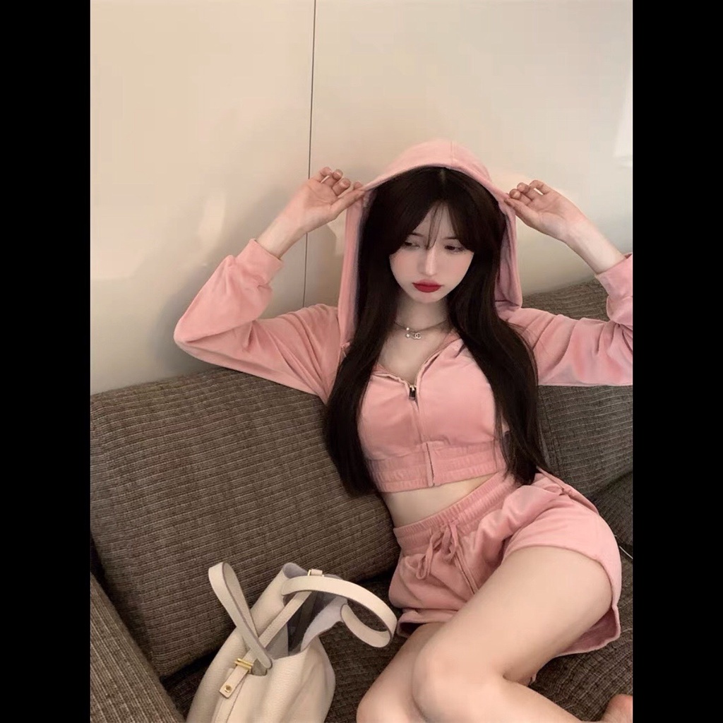 Set Áo Croptop Hoodie Áo Khoác Khóa Kéo + Quần Đùi Xanh Hồng Trắng Đen - Set Bộ Thể Thao Unisex
