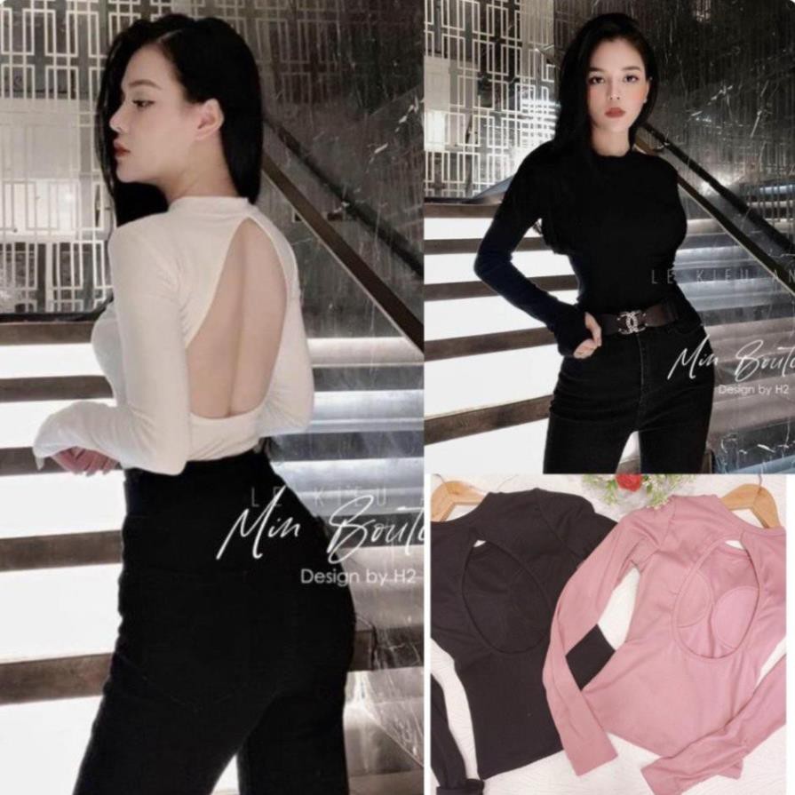 Áo Thun Nữ Cổ Tròn Kiểu Khoét Hở Lưng Tay Dài Có Kèm Mút Độn Ngực Sexy Ôm Body Dài Tay Trắng Đen Hàn Quốc