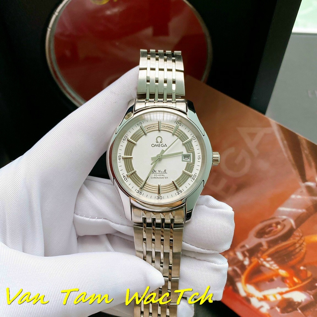 Đồng hồ nam Omega De Ville White 42mm máy Nhật Automatic, mẫu mặt tròn 2 màu, khung thép không gỉ 316l