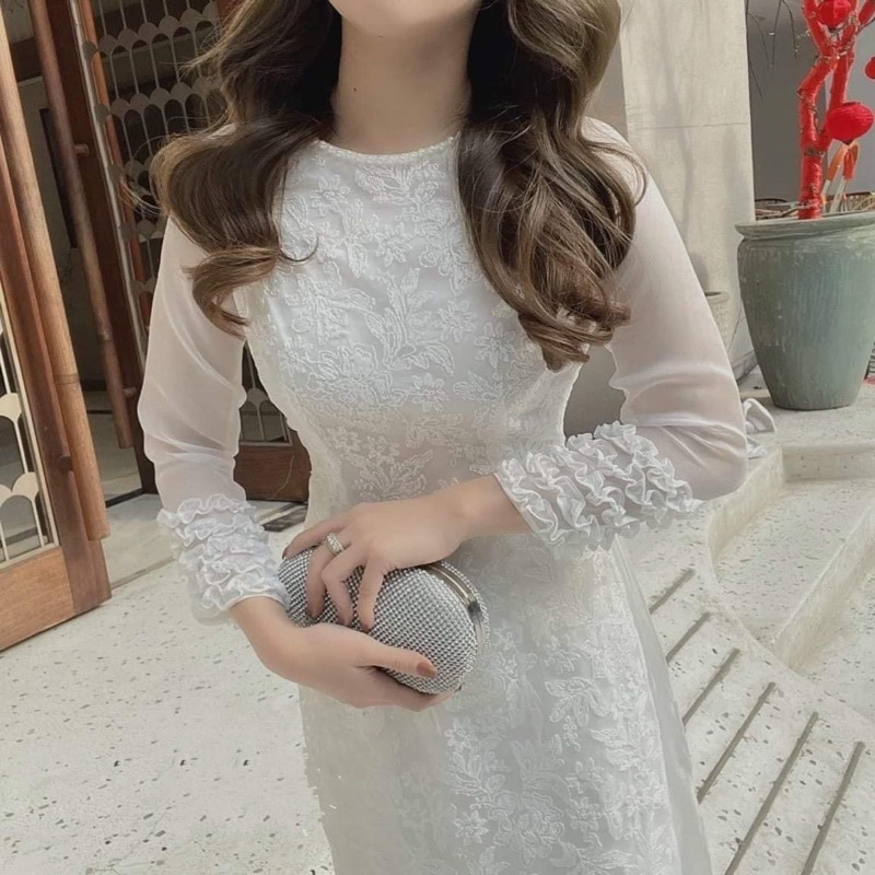 Áo Dài Ren Thiết Kế 4 Tà Phối Tay Voan Nhún Bèo