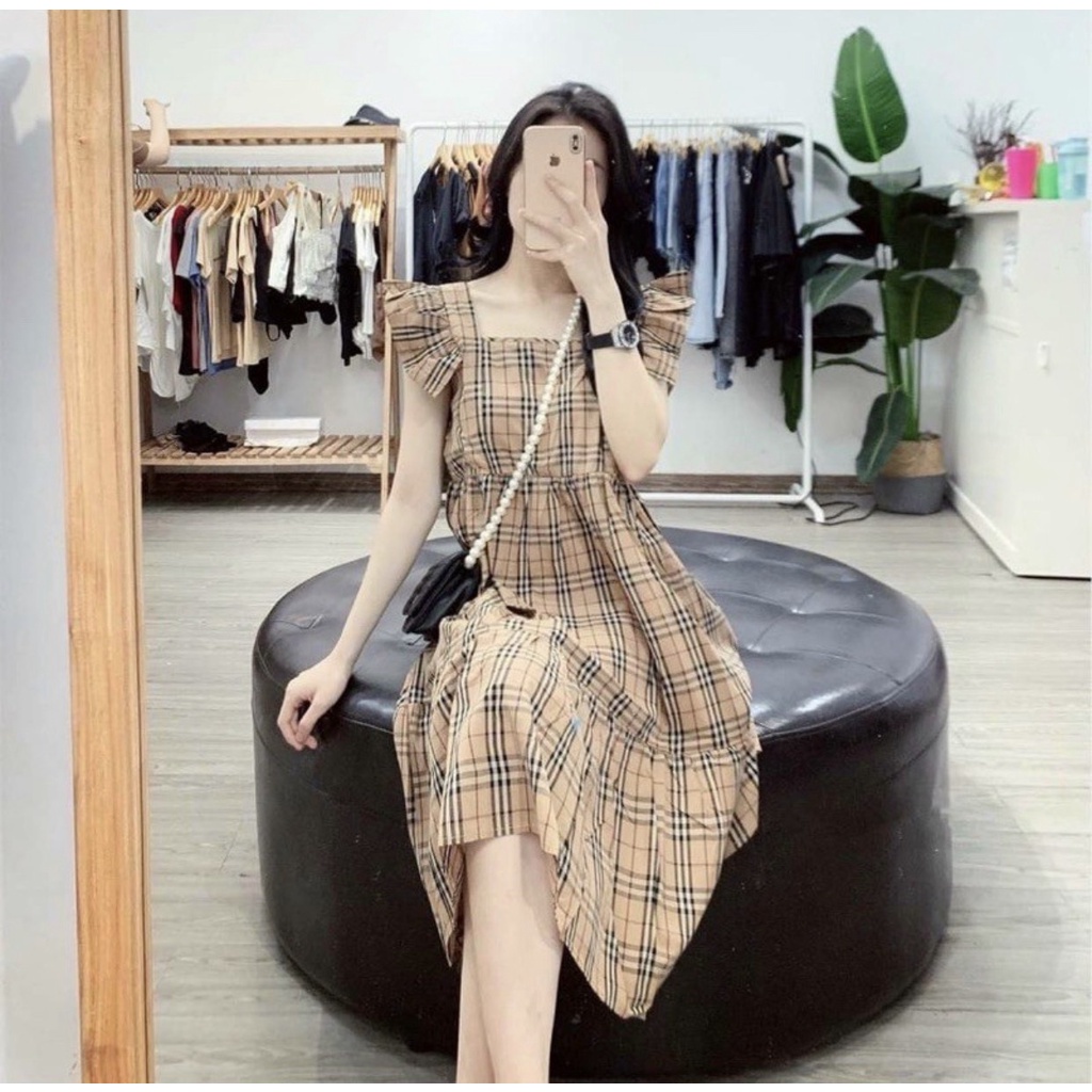Váy Bầu, Đầm Bầu Thiết Kế Dáng Suông Sọc Caro Tay Bèo Chất Lụa Hàn Mềm Mát A057 Lin Store66