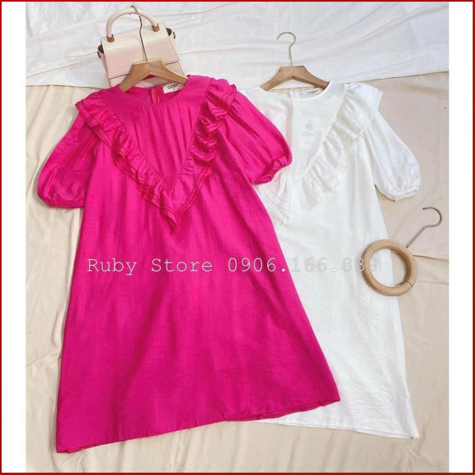 Đầm suông dáng dài COBI Váy đầm cổ tròn phom suông nữ đẹp tay phồng dún bèo trước ngực dưới 60kg bầu bì bon chen | BigBuy360 - bigbuy360.vn