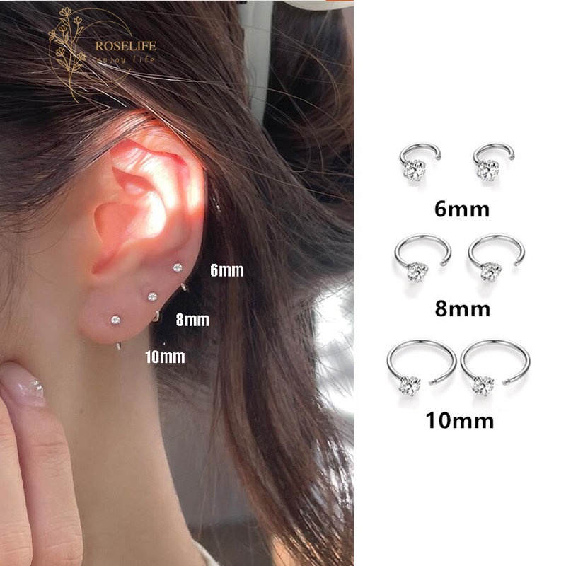 1 Đôi Bông Tai Mạ Bạc 925 Dạng Vòng Đính Đá Zircon Chống Dị Ứng 6 / 8 / 10Mm Đơn Giản Dành Cho Nữ
