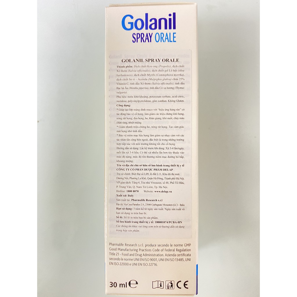 Xịt Họng Người Lớn Golanil Spray Orale.Giúp Giảm Ho,Đau Rát,Viêm Họng Cấp Mãn Tính