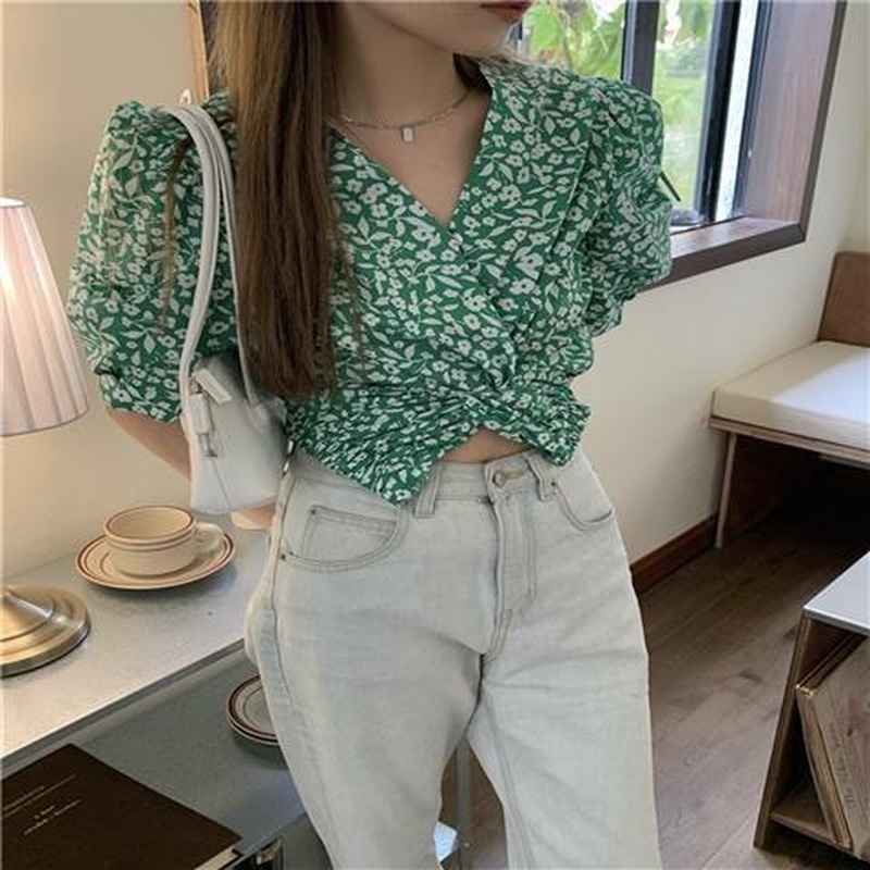 Áo Kiểu Tay Ngắn Cổ Chữ V In Họa Tiết Hoa Nhí Xinh Xắn Thời Trang Phong Cách Pháp Cho Nữ