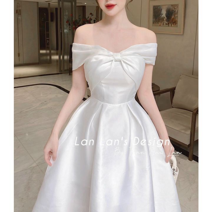 Đầm Tapta Nơ Kiểu Trễ Vai Dáng Xòe Mẫu Trơn Thích Hợp Dự Tiệc Đi Chơi