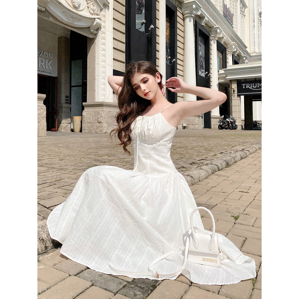 Đầm thiết kế SUNFLOWER màu trắng hai dây nhún nơ ngực xòe dài trẻ trung sang chảnh | 𝐉𝐔𝐋𝐈𝐄