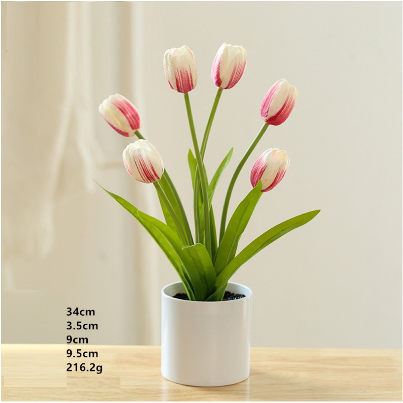 Hoa tulip giả bao gồm hoa và chậu cao 34cm, chậu hoa giả decor trang t