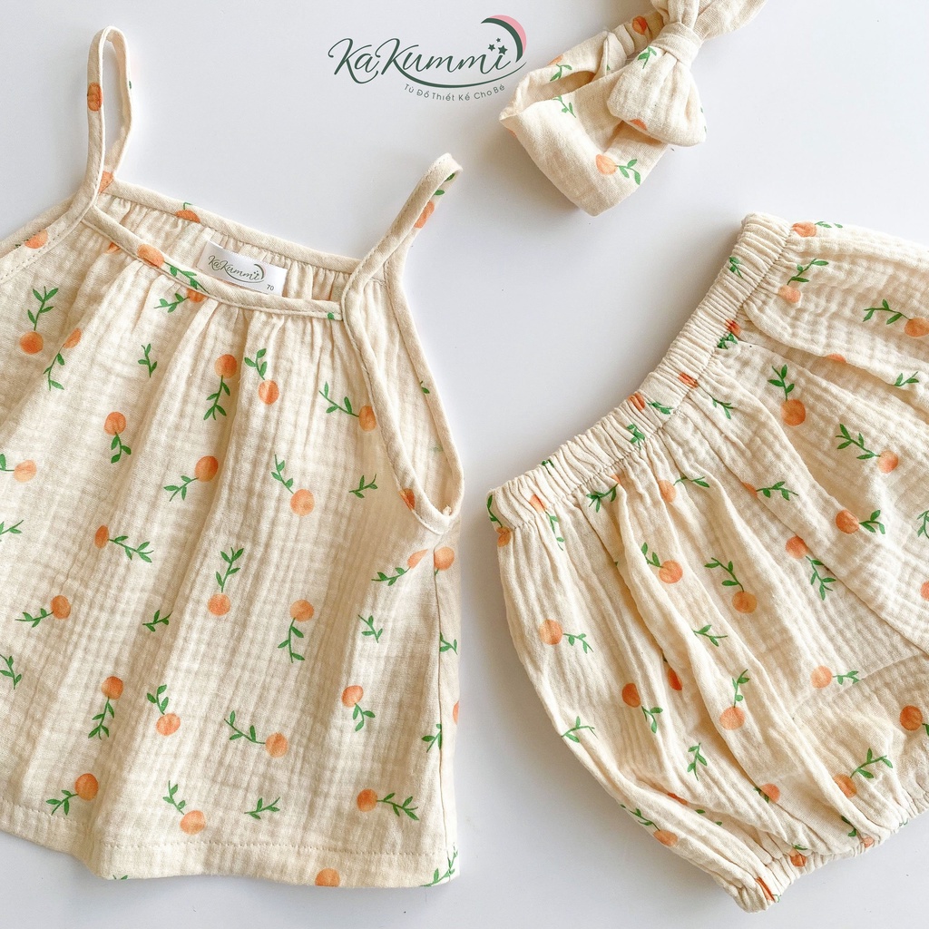 Set bộ quần áo trẻ em hai dây xô muslin, set hai dây cho bé gái thiết kế SET005 Kakummi