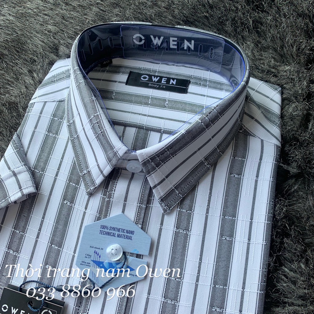 OWEN - Áo sơ mi ngắn tay Owen body fit kẻ xám 90589 | BigBuy360 - bigbuy360.vn