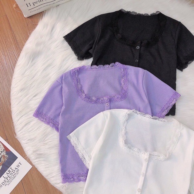 Áo croptop nút giả viền ren chất thun gân siêu xinh | BigBuy360 - bigbuy360.vn
