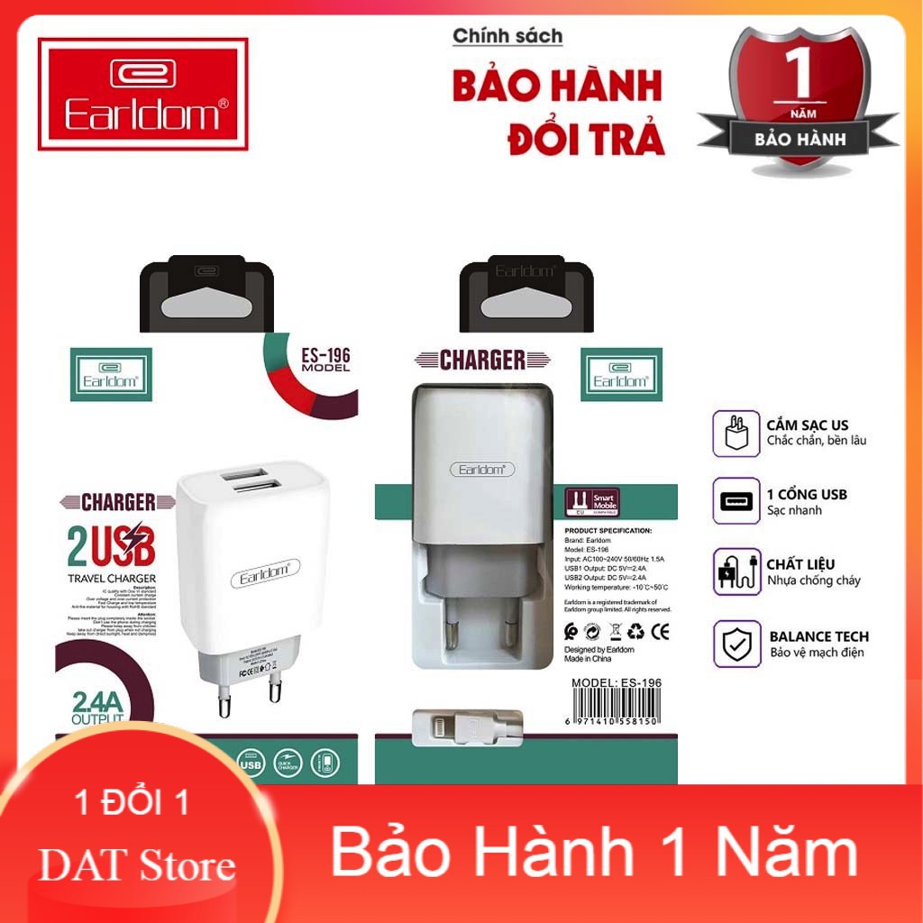 Bộ sạc cáp nhanh Earldom ES196 Chính Hãng 2 ổ cắm USB dành cho Iphone Samsung Ipad - BH 1 Năm