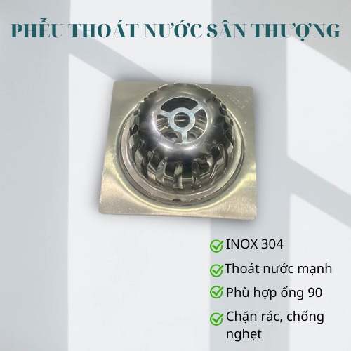 Phễu Thoát Sàn Có Quả Cầu Chặn Rác inox 304 kích thước 12cm x 12cm