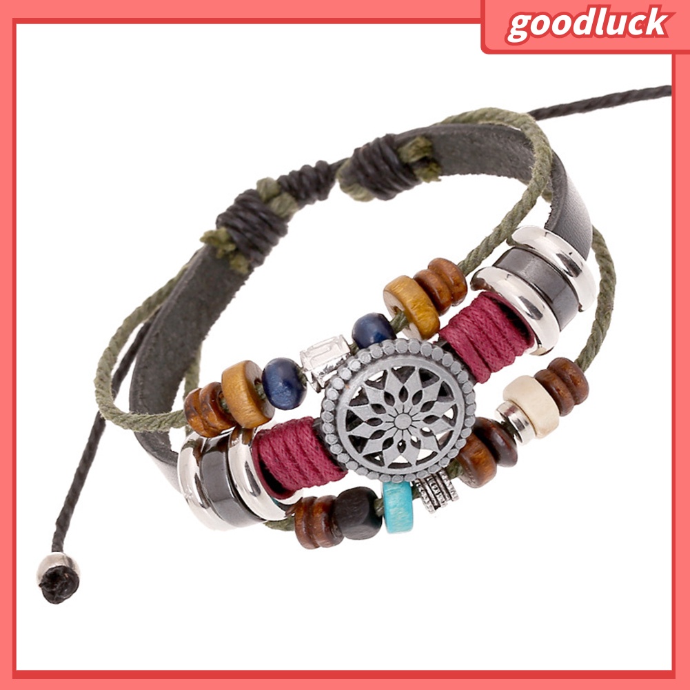 Vòng tay da bò nhân tạo đính hạt chuỗi gỗ có dây rút điều chỉnh kích cỡ cho nữ