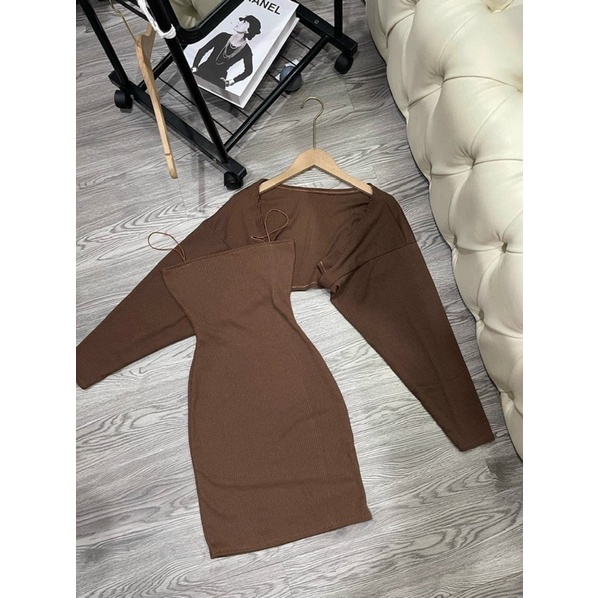 Set Đầm Body Dây Bún Dáng Ngắn + Khoác Cánh Dơi