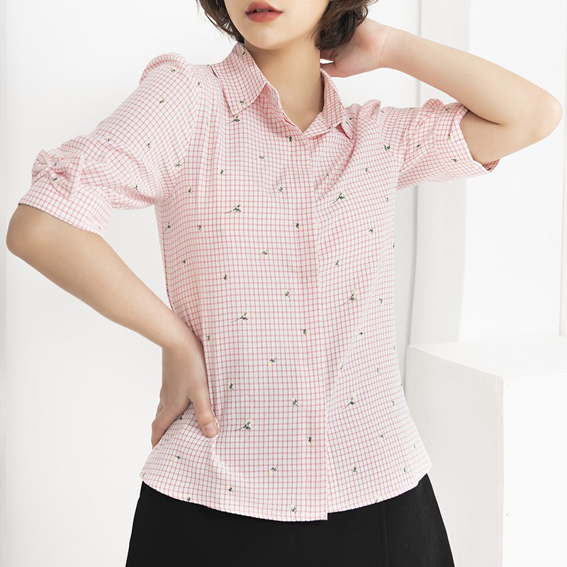 Áo sơ mi nữ công sở tay lỡ phối nơ Chunxuu, thời trang chất Kate cao cấp - BS07 caro hồng
