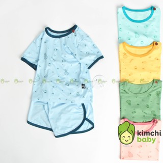 Đồ Bộ Bé Trai, Bé Gái KIMCHIBABY Cài Vai Vải Thun Lạnh Họa Tiết Trái Thơm Dễ Thương, Bộ Cộc Tay Cho Bé Minky Mom KW2108