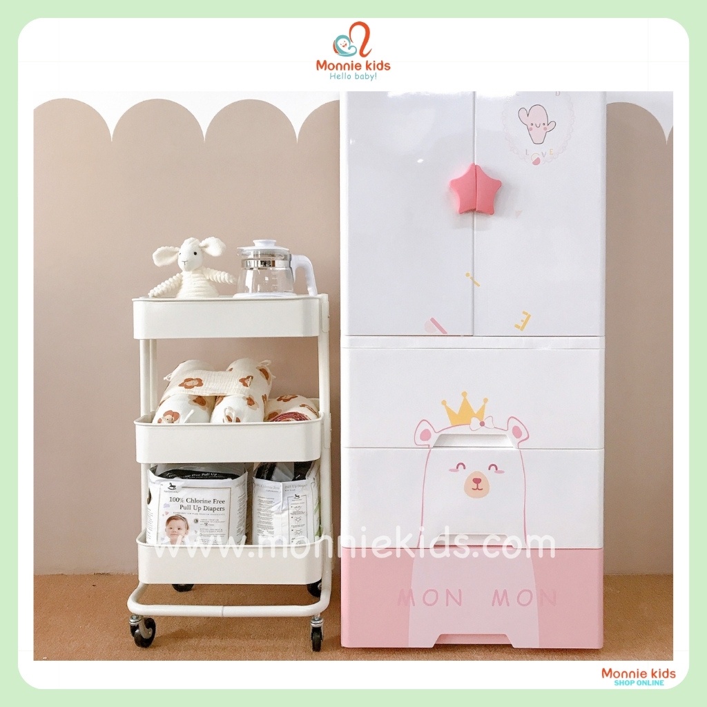 Kệ sắt đựng đồ cho bé Monmon 3 tầng 40x30x10, kệ sắt đa năng có bánh xe - Monnie Kids
