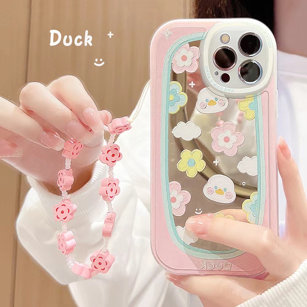 Ốp Điện Thoại tpu Dẻo Họa Tiết Chú Vịt &amp; Hoa Dễ Thương Kèm Vòng Đeo Tay Cho Iphone 12 pro max 11 pro max xs max xr x 13promax 7plus