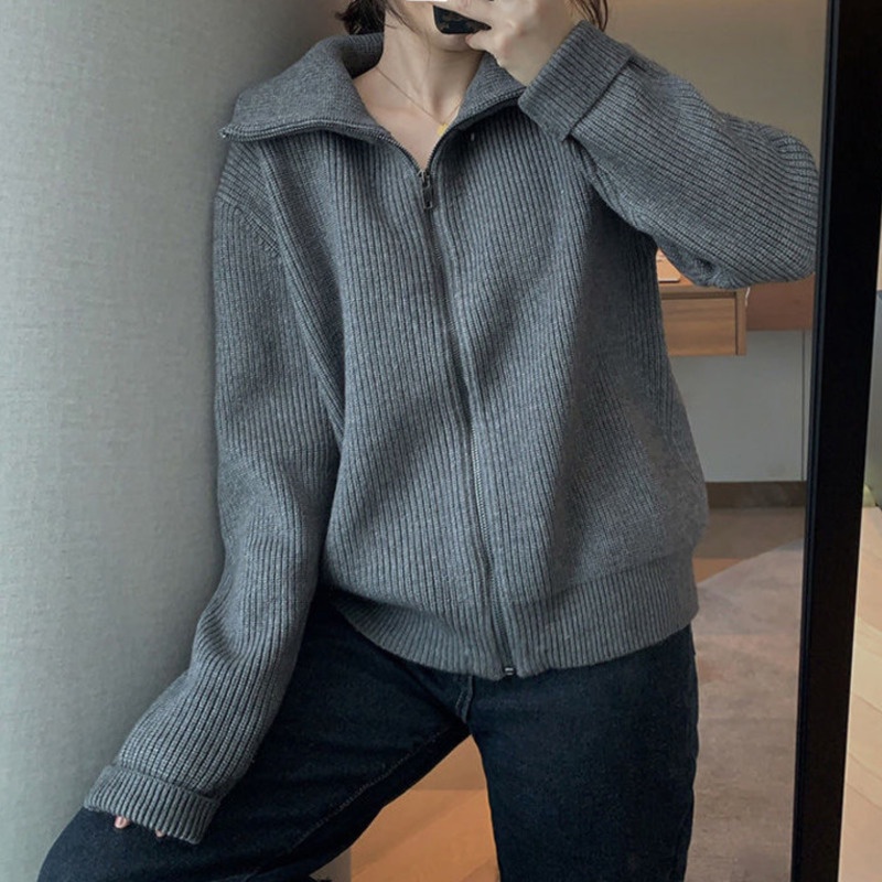 Áo Khoác Cardigan Dệt Kim Cổ Cao Dáng Rộng Màu Sắc Đơn Giản Thời Trang Thu Đông Cho Nữ