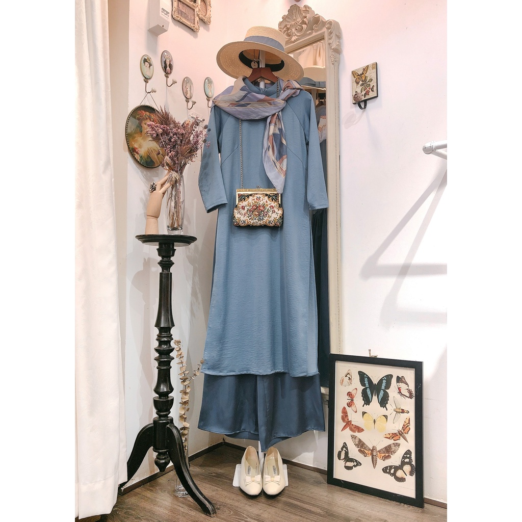 Set Áo dài Rosemary Lụa Tây Thi Xanh Xám