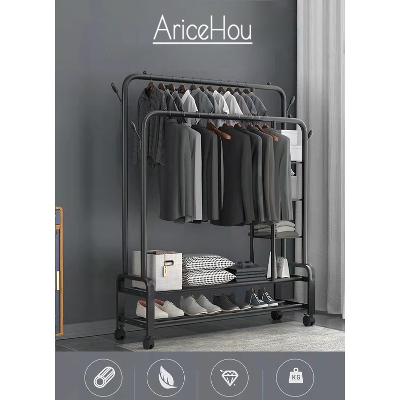 Giá Treo Quần Áo kiểu Hàn Quốc 2 tầng 2 lớp bằng inox kèm kệ để giày đa năng