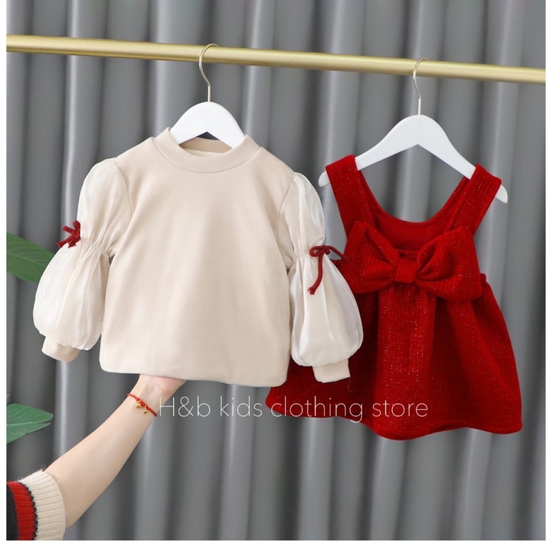 váy nhung đỏ kèm áo trắng hb cho bé gái