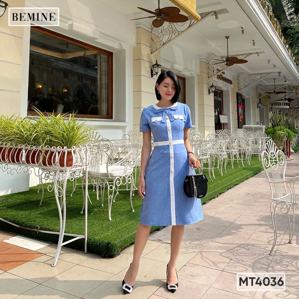 Đầm tay ngắn cổ nơ phối viền BEMINE MT4036XANH