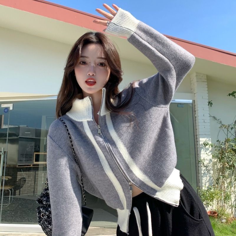 COZOK Áo Khoác cardigan Dệt Kim Tay Dài Cổ Cao Màu Sắc Tương Phản Có Khóa Kéo Thời Trang