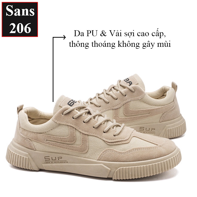 Giày sneaker nam nữ unisex Sans206 da lộn màu be đen đế bằng cột dây giầy thể thao sports