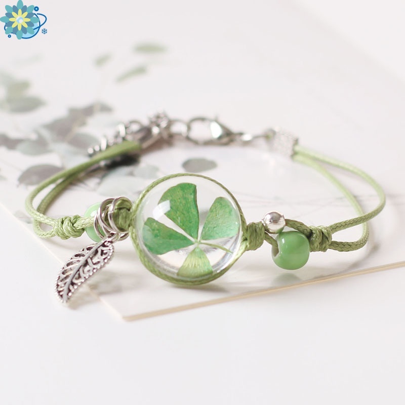 Vòng Tay Dây Bện Phối Mặt Kính Có Hoa Khô Làm Bằng Thủ Công Cho Nữ