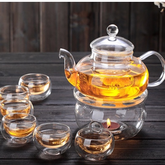 Bộ Ấm Trà thủy tinh 6 chén kèm đế nến châm trà chịu nhiệt dung tích 600ml Pehouse Shop